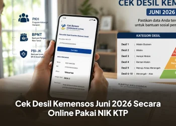 Ilustrasi realistis suasana seseorang di Indonesia sedang mengecek status desil Kemensos Juni 2026 melalui smartphone di rumah. Tampilan layar ponsel menunjukkan halaman pengecekan bansos dengan kolom NIK dan informasi kategori desil. Di meja terlihat KTP, Kartu Keluarga, dan catatan data keluarga. Latar belakang menampilkan suasana rumah sederhana yang rapi dengan pencahayaan alami dari jendela. Tambahkan elemen visual berupa ikon bantuan sosial, grafik data sosial ekonomi, simbol keluarga, dan ilustrasi layanan digital pemerintah. Nuansa informatif, modern, profesional, dan terpercaya. Gaya foto realistis, detail tinggi, warna natural, fokus tajam, kualitas ultra HD, komposisi berita online Indonesia, aspect ratio 16:9.