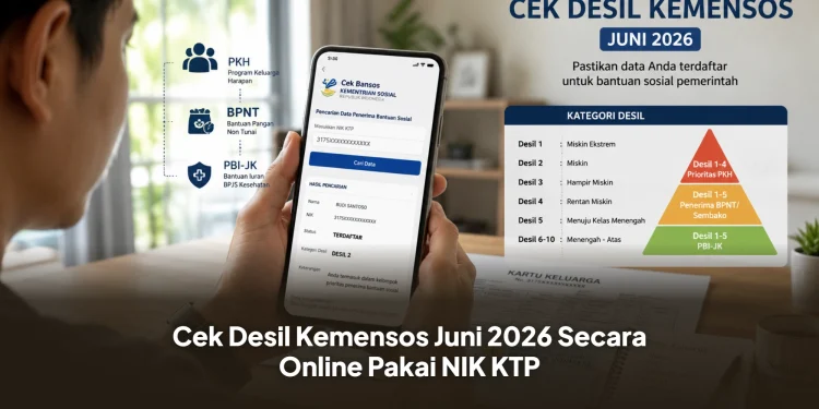 Ilustrasi realistis suasana seseorang di Indonesia sedang mengecek status desil Kemensos Juni 2026 melalui smartphone di rumah. Tampilan layar ponsel menunjukkan halaman pengecekan bansos dengan kolom NIK dan informasi kategori desil. Di meja terlihat KTP, Kartu Keluarga, dan catatan data keluarga. Latar belakang menampilkan suasana rumah sederhana yang rapi dengan pencahayaan alami dari jendela. Tambahkan elemen visual berupa ikon bantuan sosial, grafik data sosial ekonomi, simbol keluarga, dan ilustrasi layanan digital pemerintah. Nuansa informatif, modern, profesional, dan terpercaya. Gaya foto realistis, detail tinggi, warna natural, fokus tajam, kualitas ultra HD, komposisi berita online Indonesia, aspect ratio 16:9.